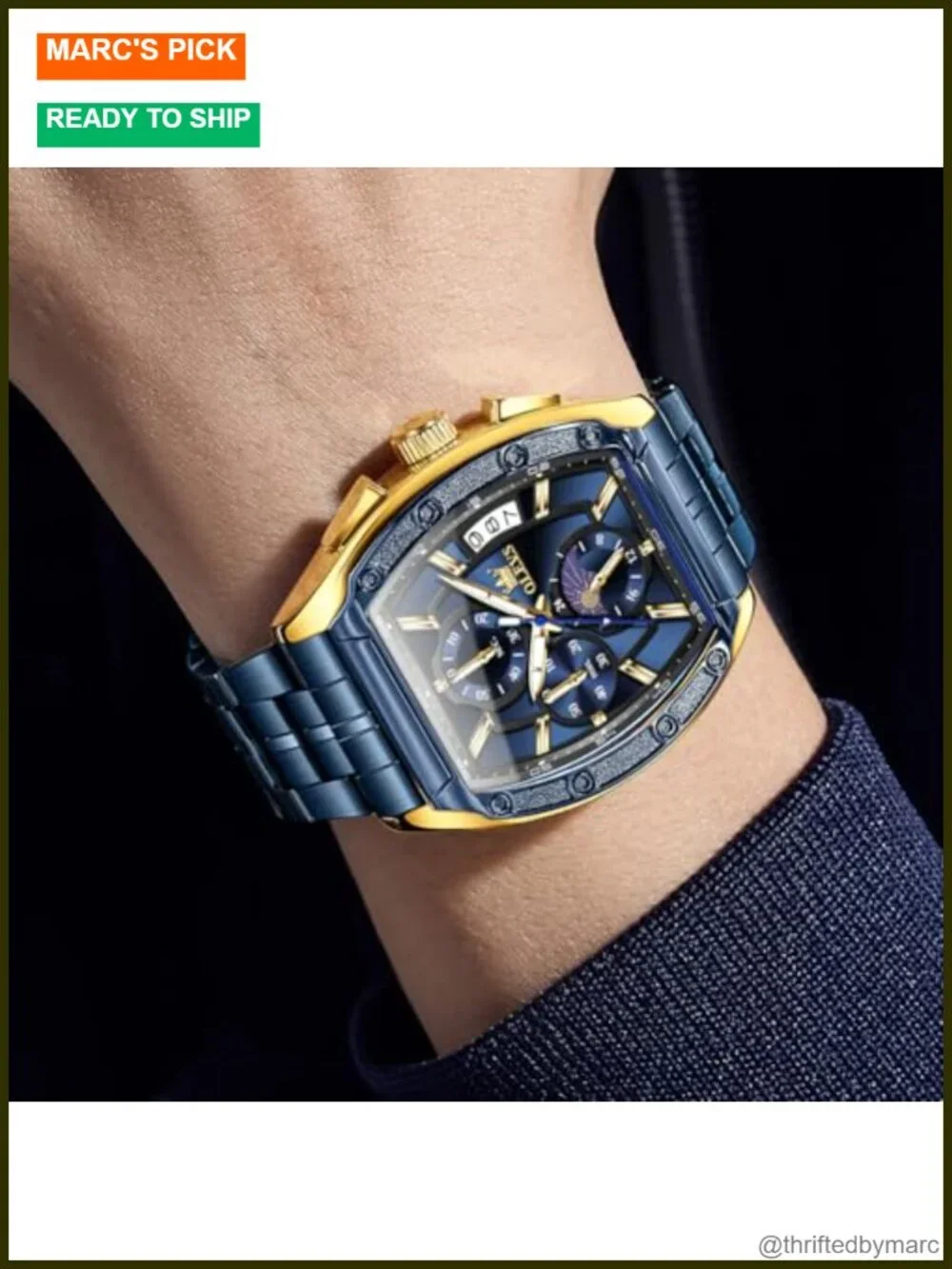 Men's Square Face Luxury Dress Chronograph Watch Stainless Steel Waterproof